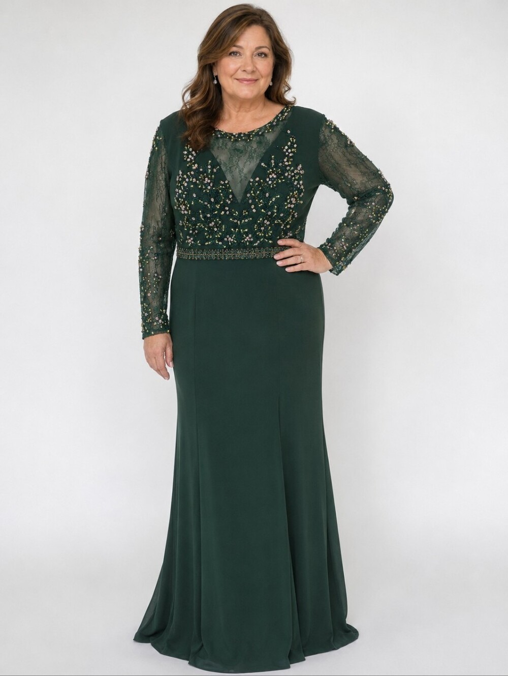Basix Black Label Forest Green Embellished Gown Long Sleeve Size 12 NEW
